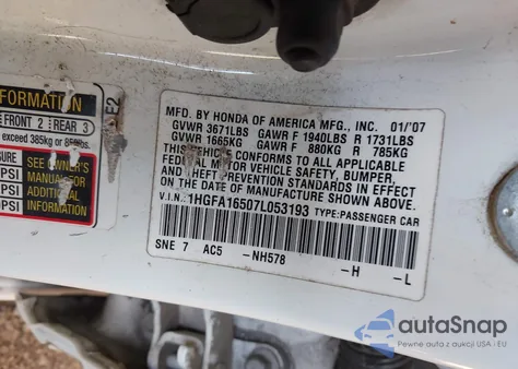 2007 Honda Civic Lx из США, поврежденный, VIN 1HGFA16507L053193